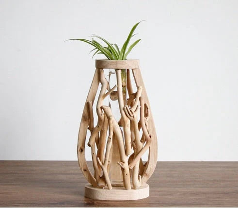 Handcrafted wooden vase with glass container for hydroponic floral displays and home decor
