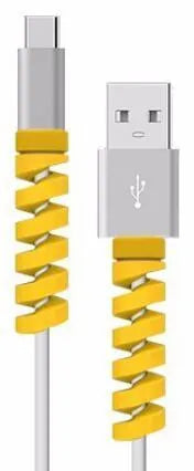 Plastic charging cable protector sleeve shown in various colours including black, blue, pink and yellow.