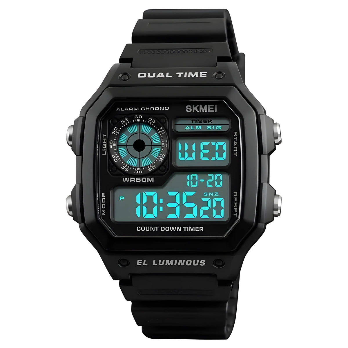 Skmei men's digital sports watch with 43 mm rubber case, PU strap, and LED display