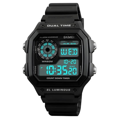 Skmei men's digital sports watch with 43 mm rubber case, PU strap, and LED display