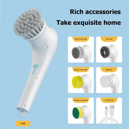 White cordless electric handheld scrubber with five attached brush heads on a kitchen counter