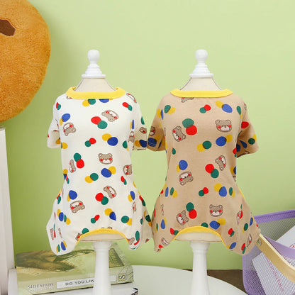 Beige dog clothing with colourful ball bear design, made from cotton and spandex blend, size L shown.
