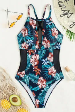 Women's deep V-neck one-piece swimsuit with polyester lining in gradient printing
