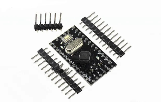 Mini Pro microcontroller board showing 14 digital I/O pins, 8 analog inputs, and Atmega328P chip on 33.3mm x 18.0mm green PCB