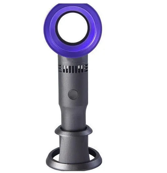 Portable bladeless fan with USB cable and base, showing compact design and bladeless airflow
