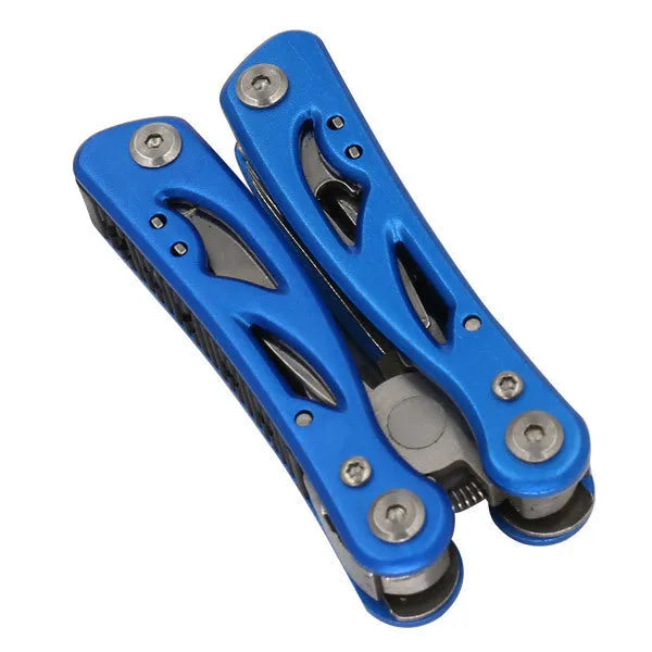 Portable outdoor multi-function pliers and fruit knife tool with stainless steel construction, measuring 125mm in length, featuring foldable design for compact storage in included Oxford bag, blue colour option