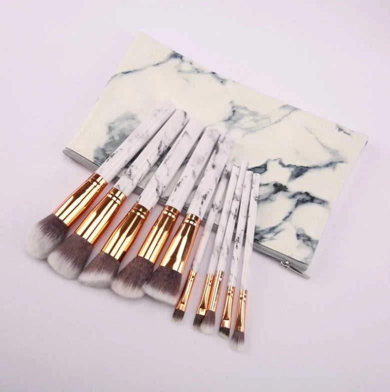 10-piece marble makeup brush set with 5 large and 5 small brushes for versatile beauty application