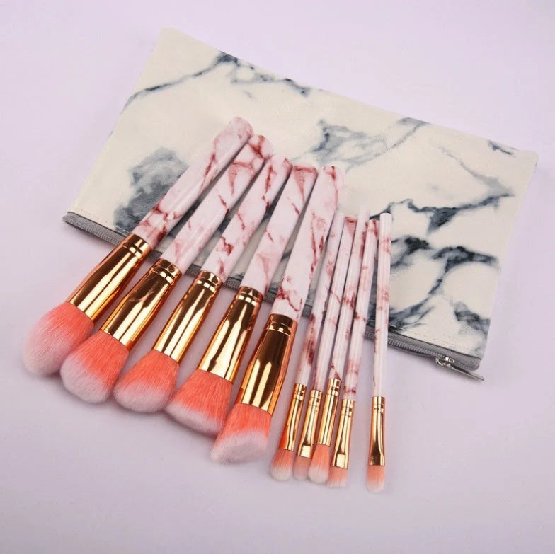 10-piece marble makeup brush set with 5 large and 5 small brushes for versatile beauty application