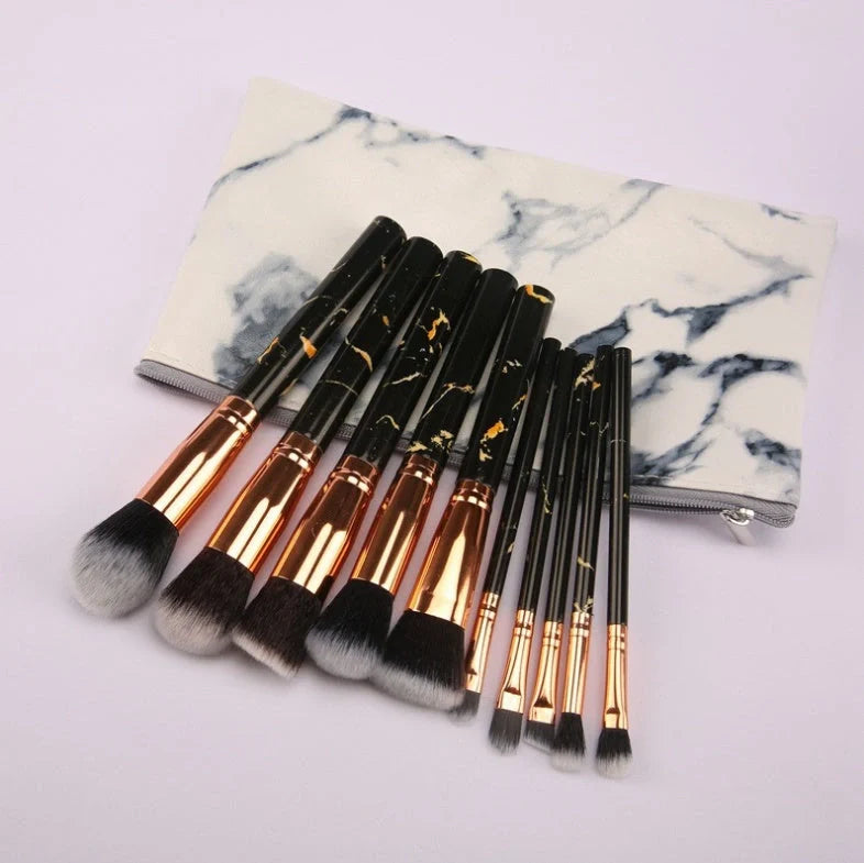 10-piece marble makeup brush set with 5 large and 5 small brushes for versatile beauty application