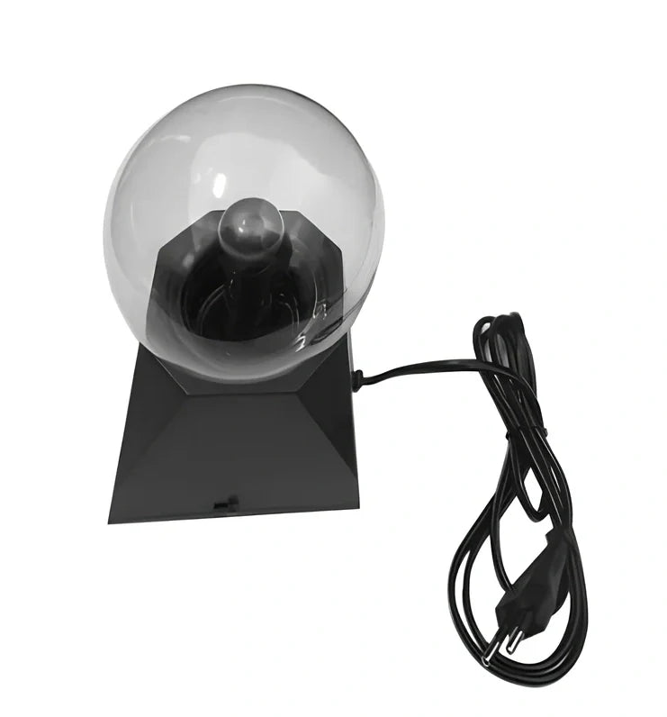 Plasma ball with colourful light arcs responding to finger touch on glass sphere