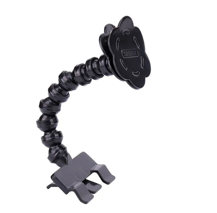 Black pet selfie stick with extended arm and square clip holding a smartphone next to a dog.