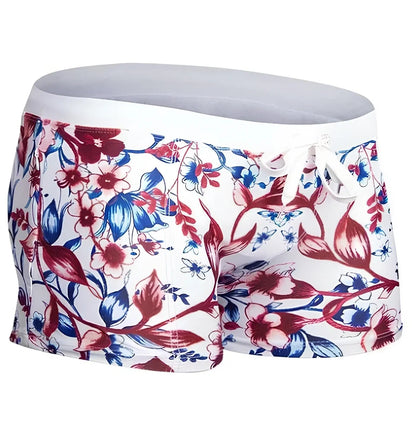 Brazilian Sunga swim shorts with geometric pattern and elastic waistband