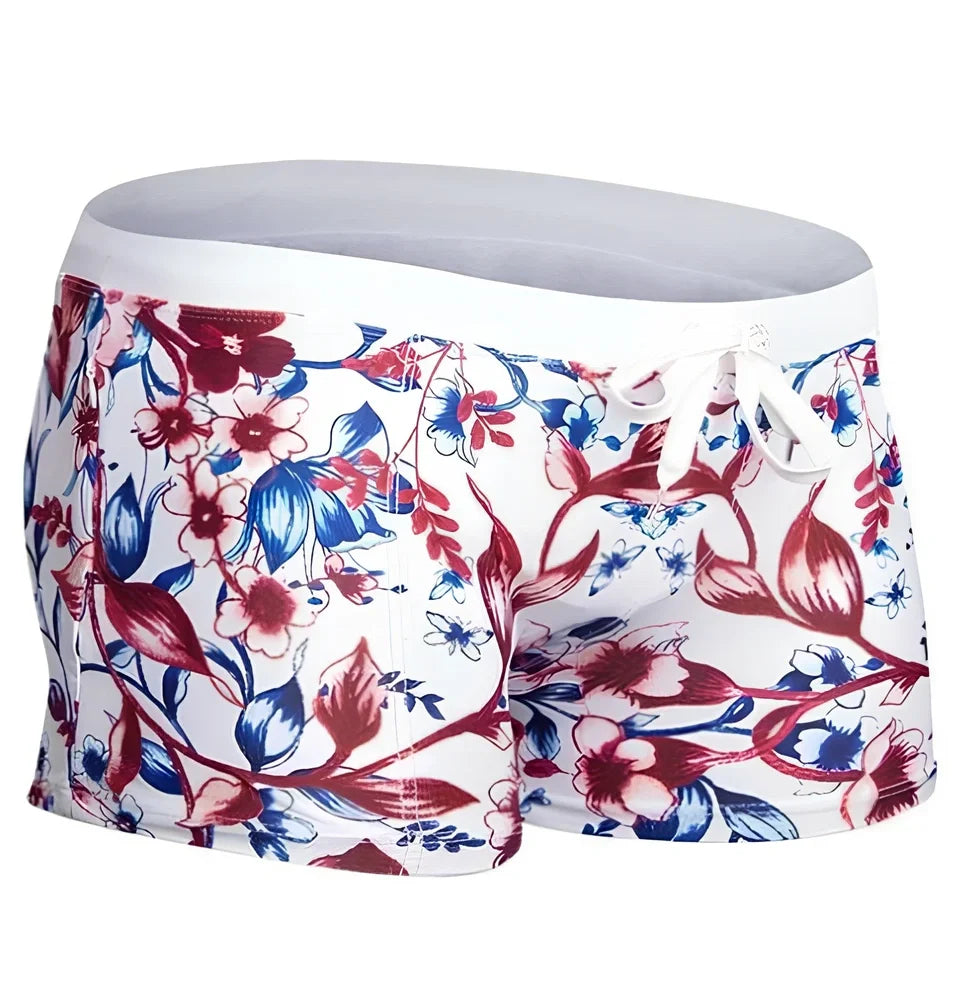 Brazilian Sunga swim shorts with geometric pattern and elastic waistband