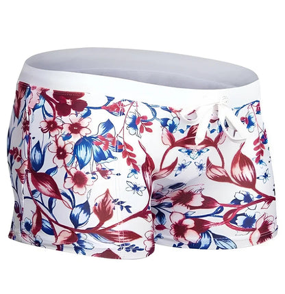 Brazilian Sunga swim shorts with geometric pattern and elastic waistband