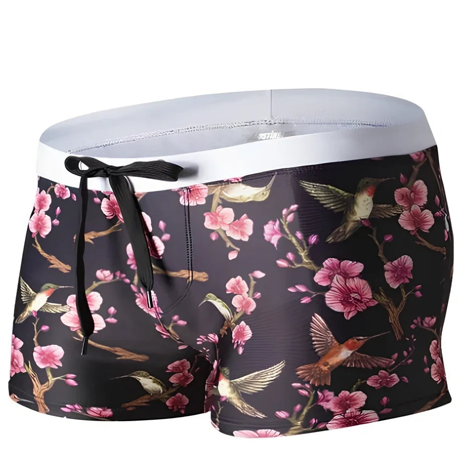 Brazilian Sunga swim shorts with geometric pattern and elastic waistband
