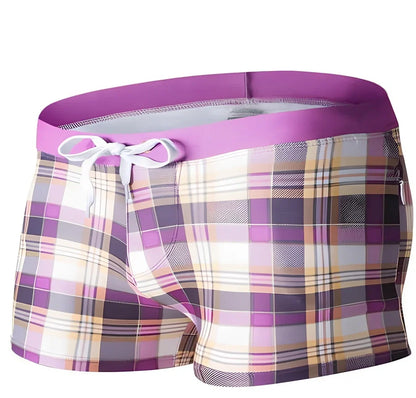 Brazilian Sunga swim shorts with geometric pattern and elastic waistband