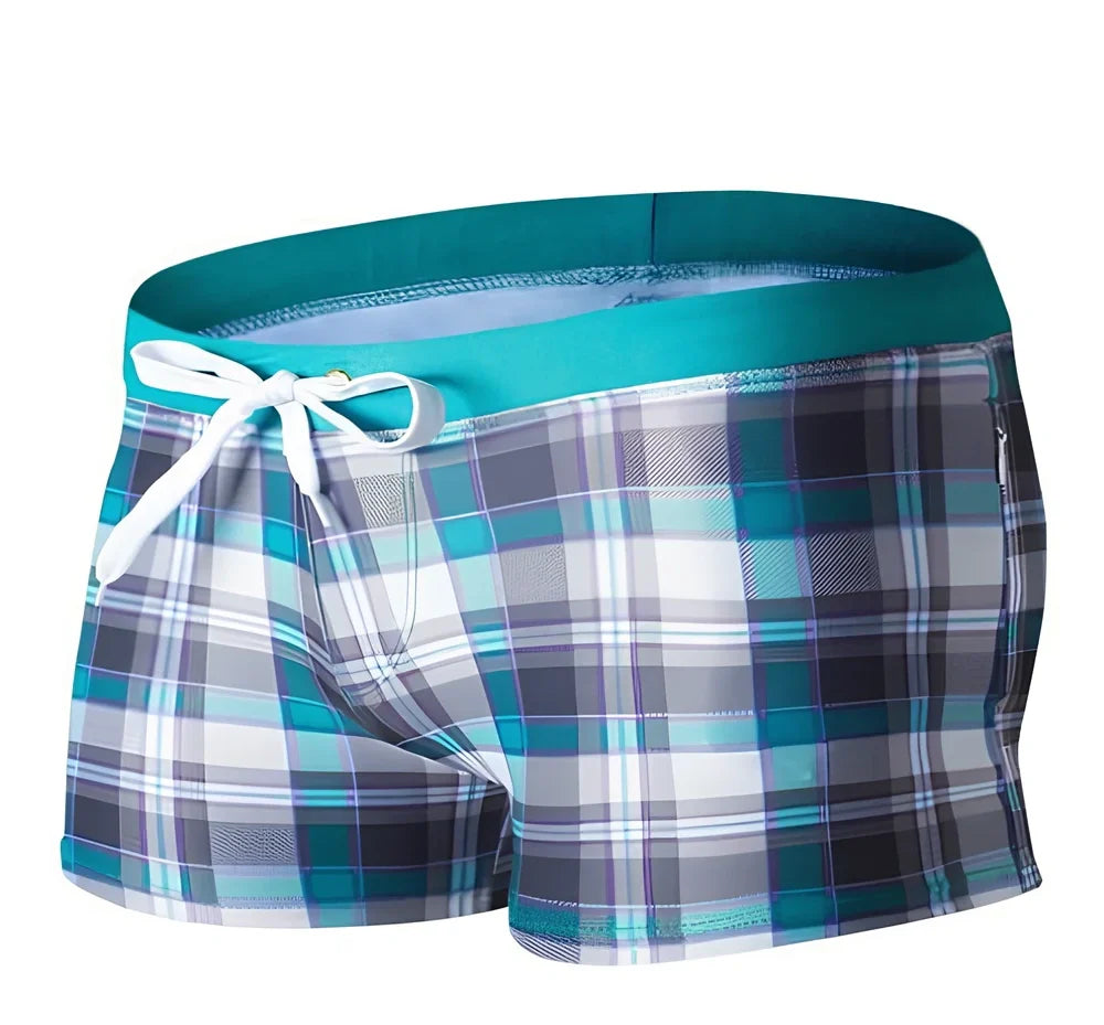 Brazilian Sunga swim shorts with geometric pattern and elastic waistband