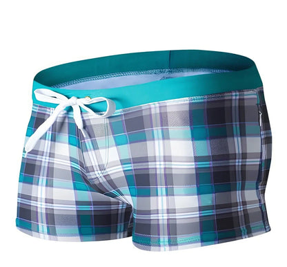 Brazilian Sunga swim shorts with geometric pattern and elastic waistband