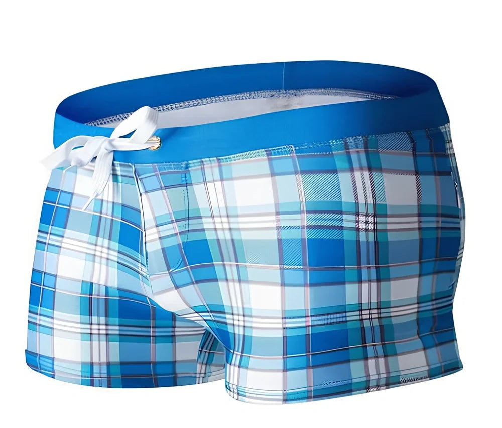 Brazilian Sunga swim shorts with geometric pattern and elastic waistband