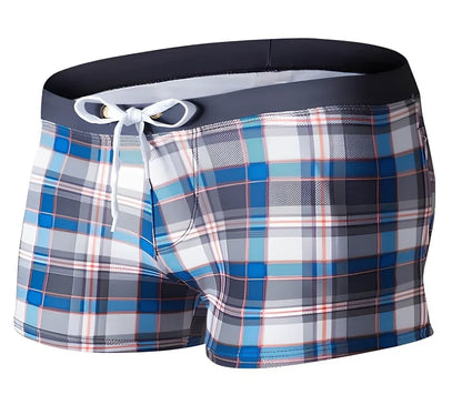 Brazilian Sunga swim shorts with geometric pattern and elastic waistband