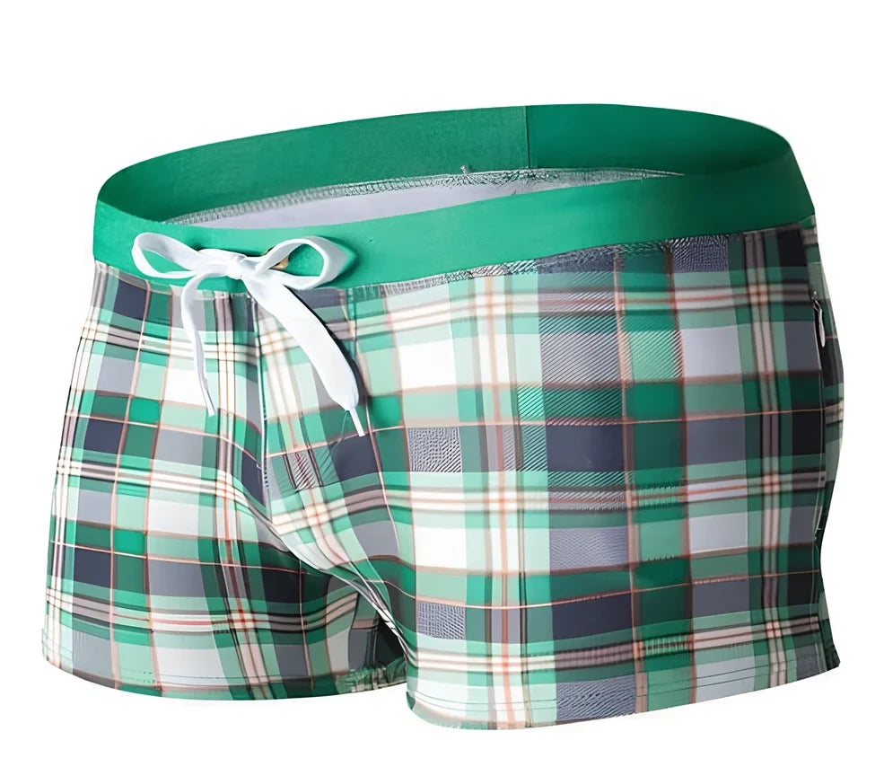 Brazilian Sunga swim shorts with geometric pattern and elastic waistband