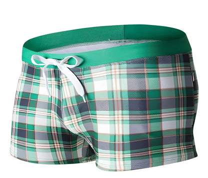 Brazilian Sunga swim shorts with geometric pattern and elastic waistband