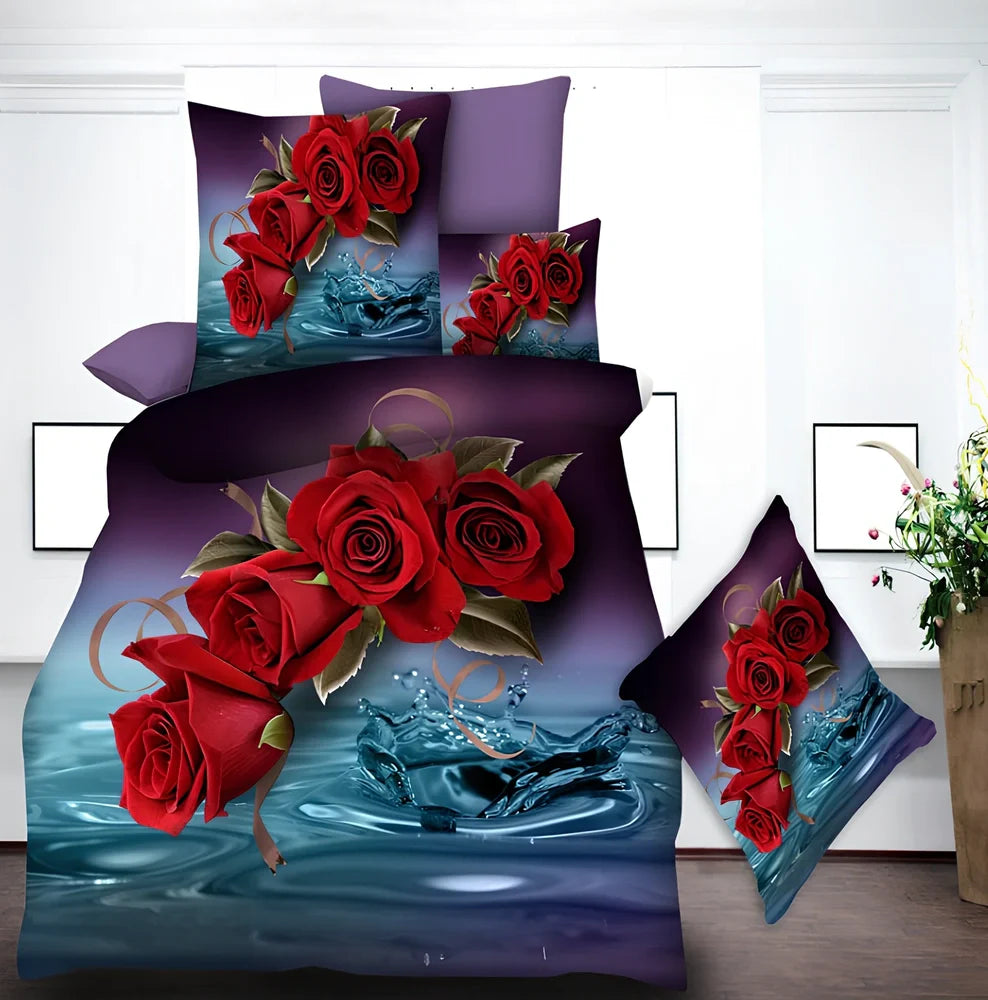 Brushed 3D floral four-piece bedding set in A Blue, showing 200x230cm quilt cover with raised pattern and matching pillowcases