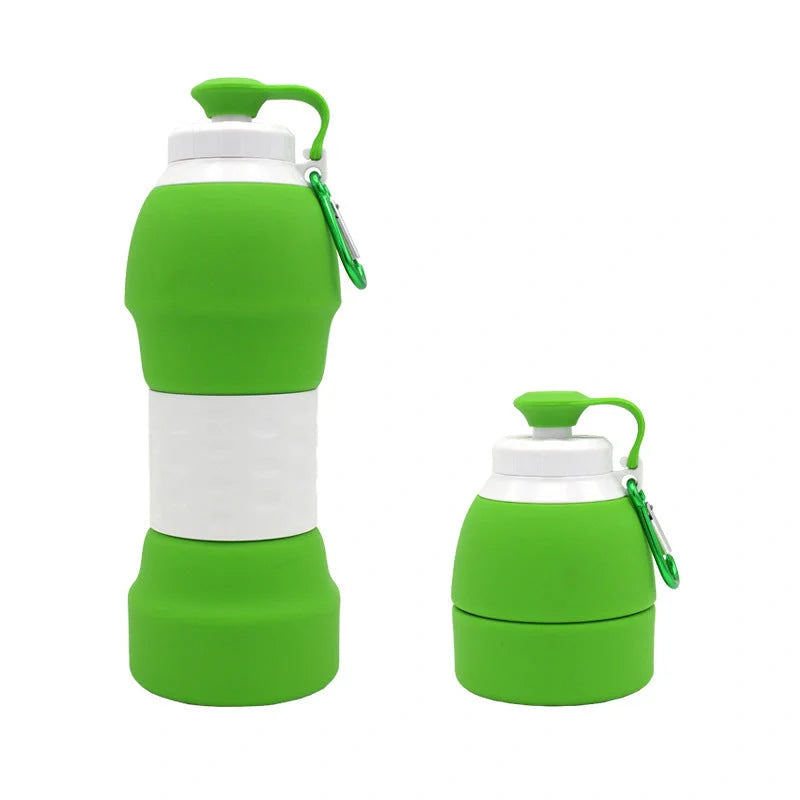Collapsible silicone water bottle in various colours, perfect for travel and outdoor activities