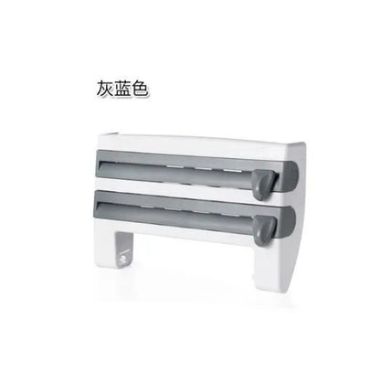 White wall-mounted kitchen roll holder dispenser for cling film, foil, and paper towels.