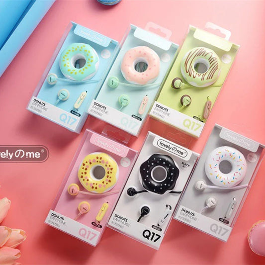 Donut-shaped wired earphones in various vibrant colours, featuring a flexible cable and hybrid audio technology for immersive sound