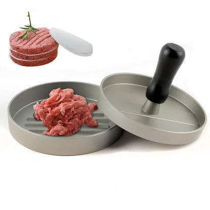 Aluminium burger press with base and handled plate for 1cm thick patties