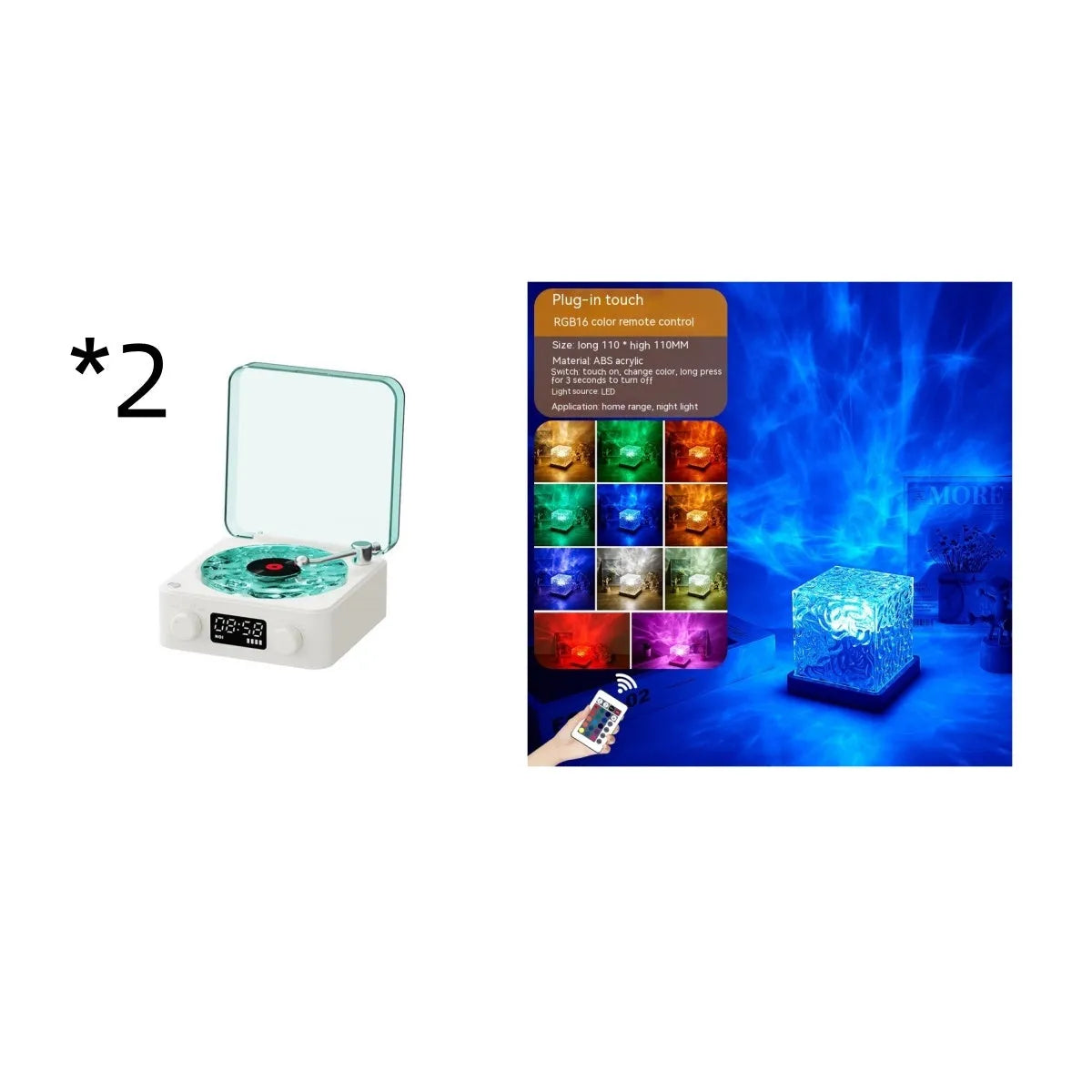 Retro-style turntable Bluetooth speaker with glowing RGB light projection on a wooden surface.