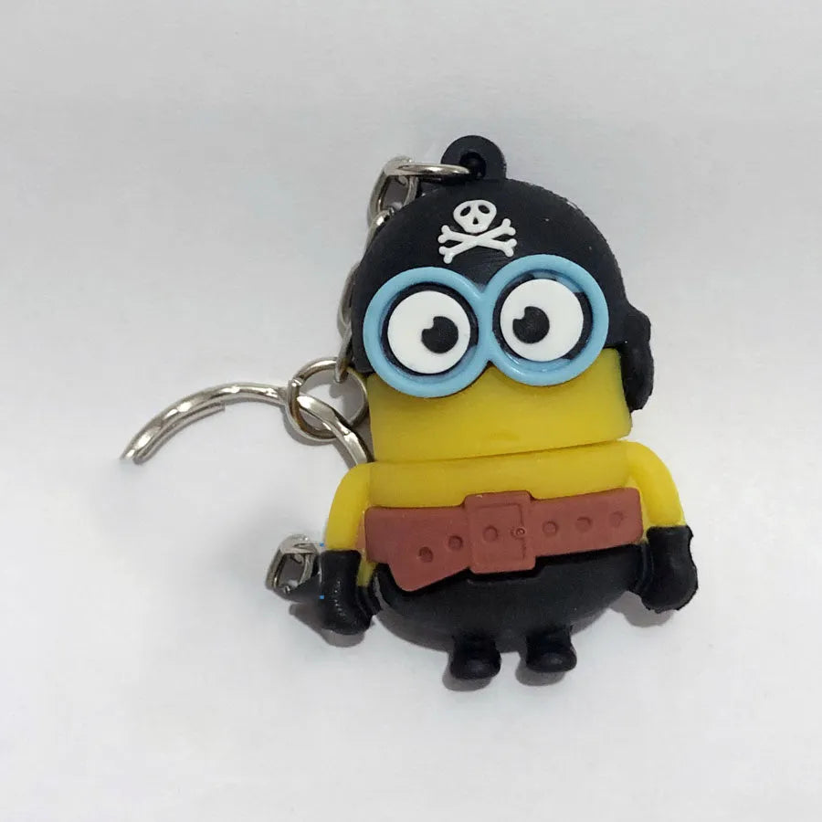 Skull-shaped black USB flash drive on a small metal keychain against a dark background.