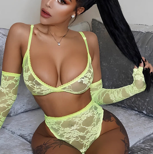Women's fluorescent green three-point strap lingerie in sizes S, M, L, polyester construction with adjustable straps for secure fit