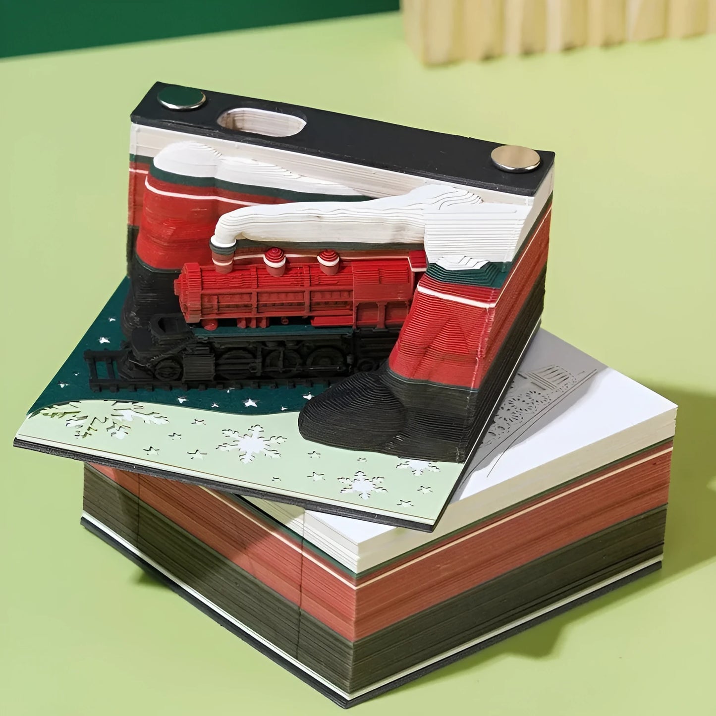3D carved sticky notes with Christmas train paper art design
