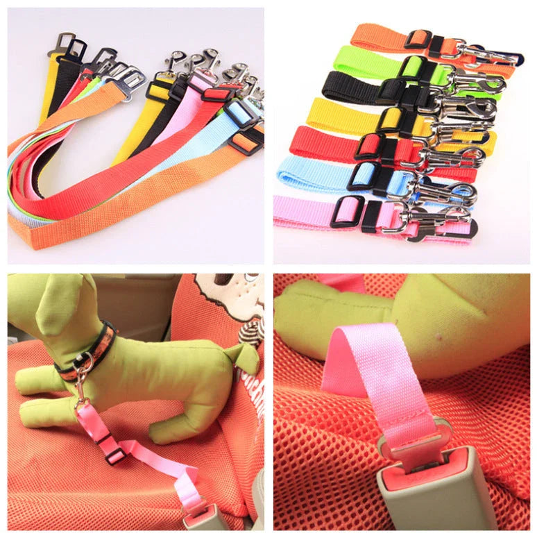 Adjustable dog seat belt with secure clip and buckle for attaching to pet harness and vehicle seatbelt