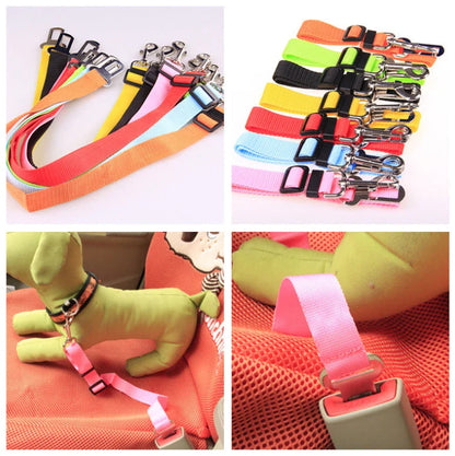 Adjustable dog seat belt with secure clip and buckle for attaching to pet harness and vehicle seatbelt