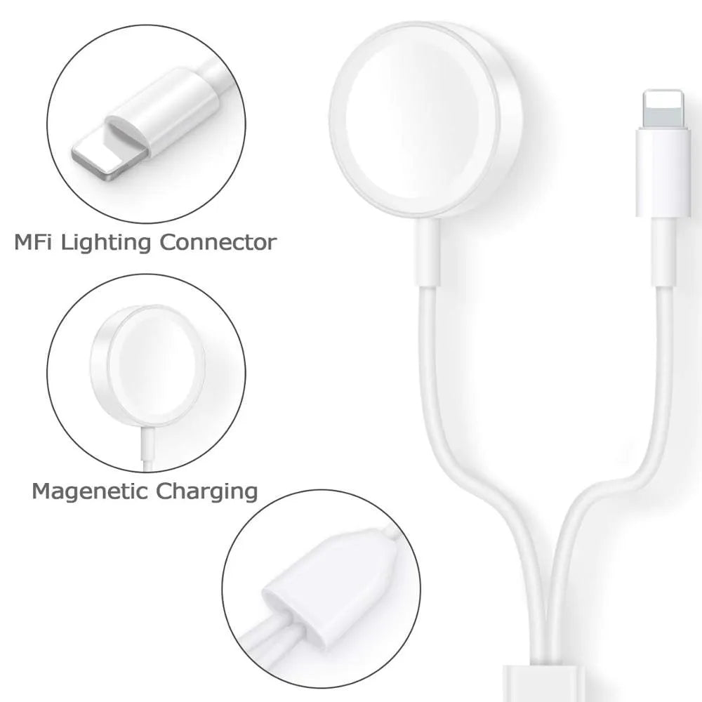 White two-in-one wireless watch charger with USB interface on desk