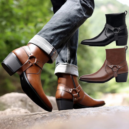 Black unisex chain ankle boot with side zip, square toe, and rivet details on a 6-8cm horseshoe heel.