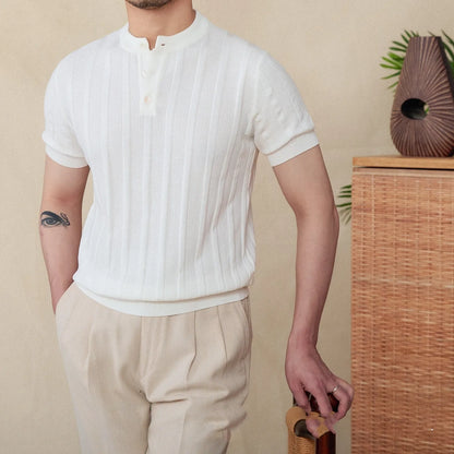 Men's creamy-white cotton T-shirt with a Henry collar and subtle sunken stripe pattern on the chest.
