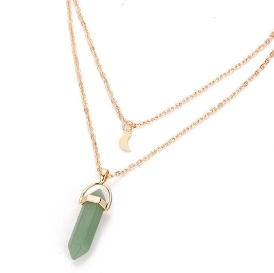 Elegant natural stone hexagonal necklace with double moon and crescent pendant in various colours