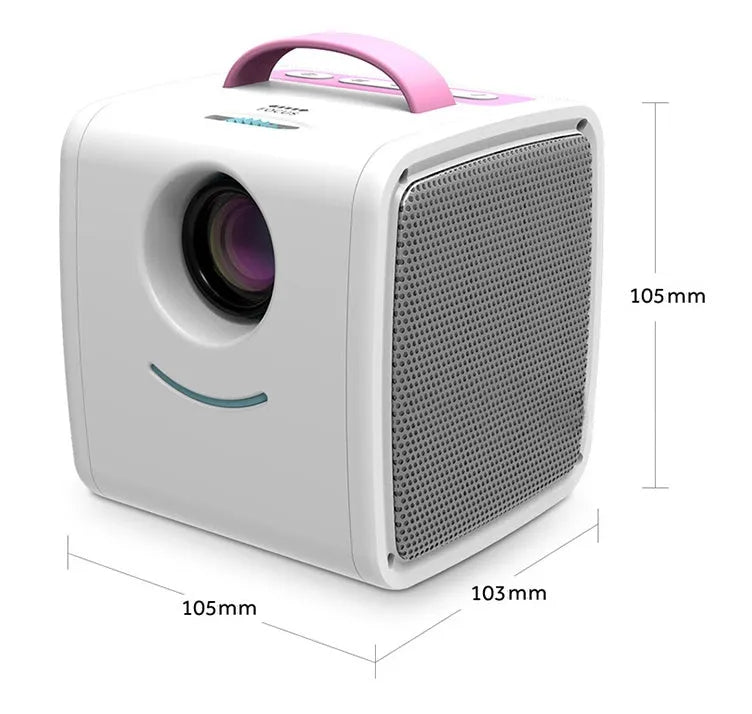 Mini home theatre projector showing size and distance parameters: 20-70 inch image, 1-3 metre throw.