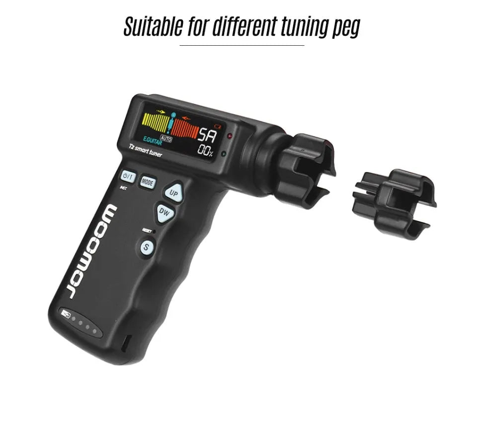 Black and white smart guitar tuner with LCD display and built-in string winder, 11cm width