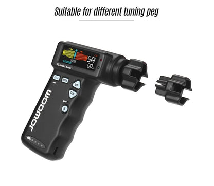 Black and white smart guitar tuner with LCD display and built-in string winder, 11cm width
