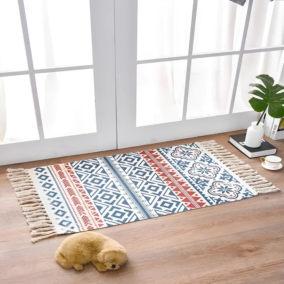 Scandinavian style hand-woven cotton linen floor mat 60 x 90 cm with tassels in cactus pattern