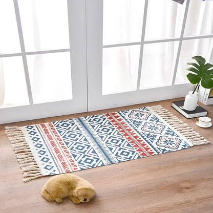 Scandinavian style hand-woven cotton linen floor mat 60 x 90 cm with tassels in cactus pattern