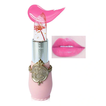 Six Flower Crystal Jelly Magic Lipgloss tubes in Green, Pink, Purple, Red, Rose, and Yellow colours showing high-shine finish