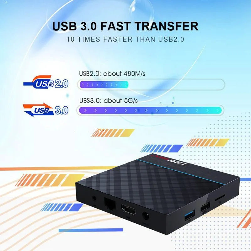 Black T95 Max Plus Android TV Box set-top unit with remote control on a wooden surface.
