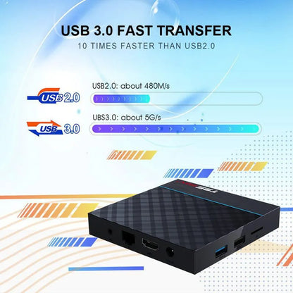 Black T95 Max Plus Android TV Box set-top unit with remote control on a wooden surface.