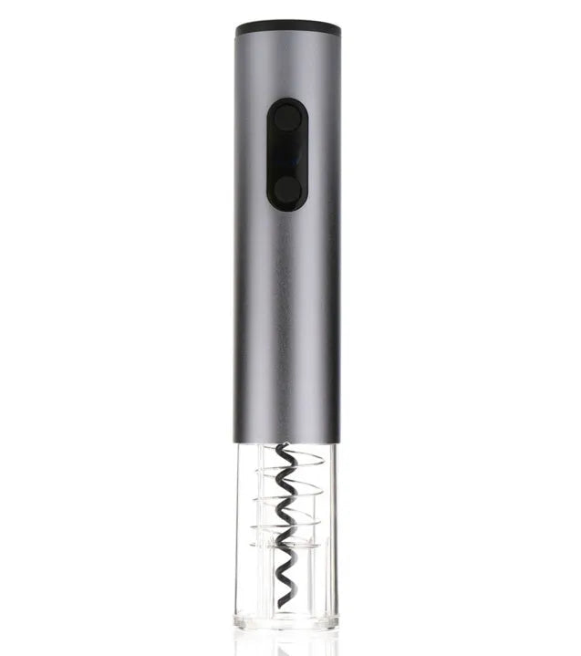 Silver electric wine bottle opener with integrated foil cutter on kitchen counter